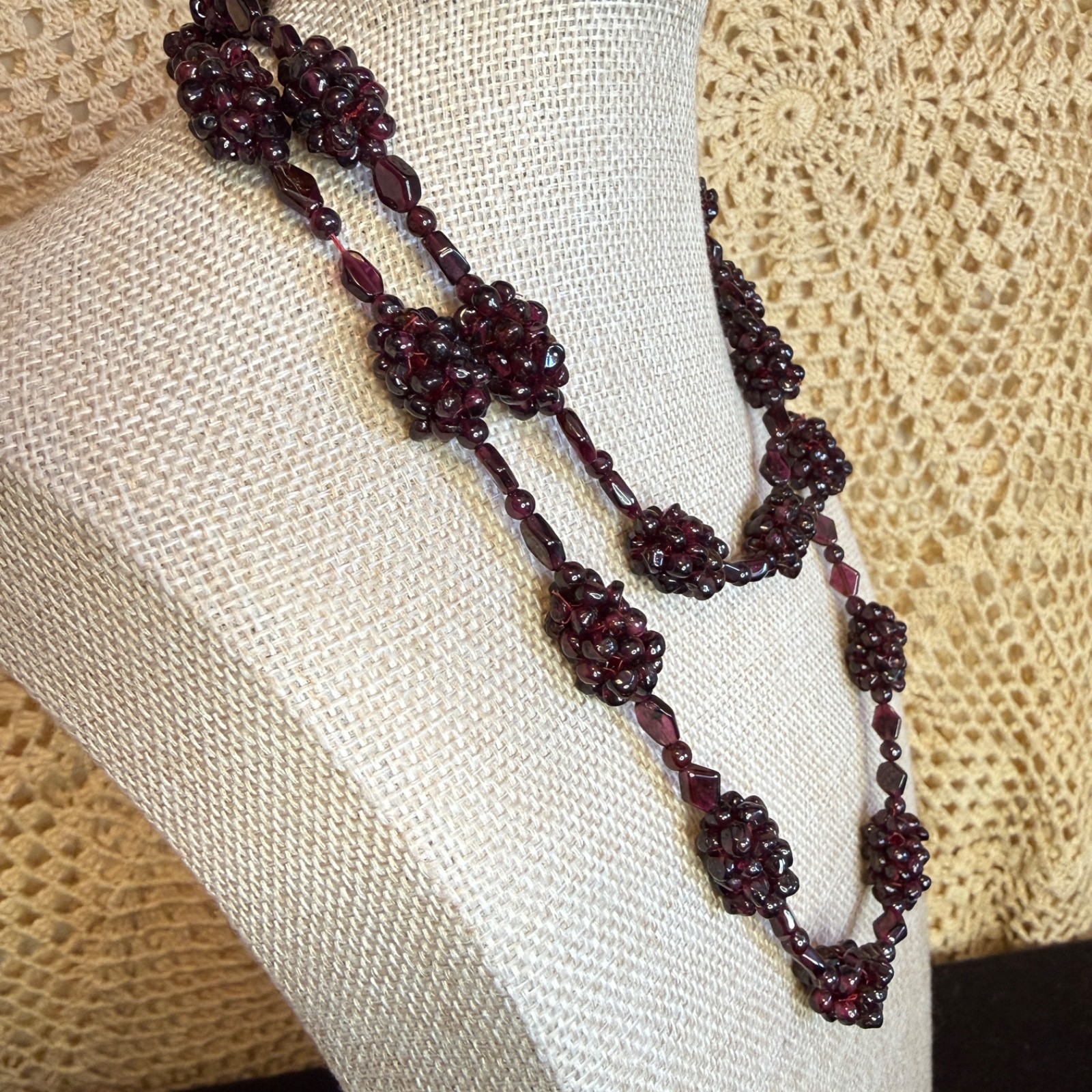 Vintage Garnet Grape Cluster Beaded Necklace 18″ Hang Continuous No Clasp
