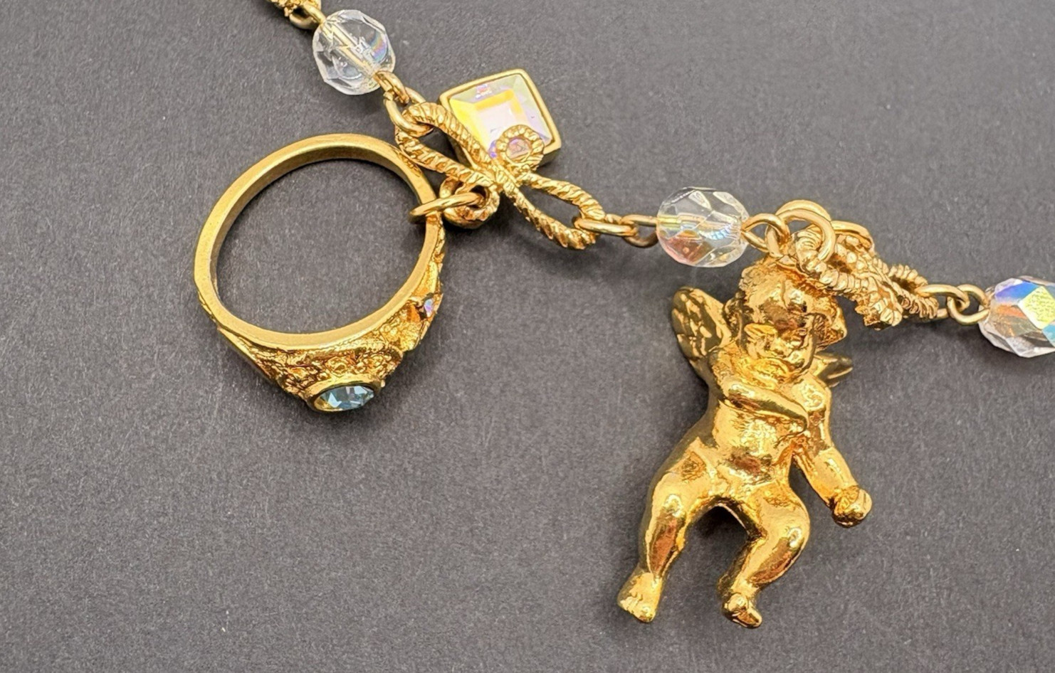 Kirks Folly Charm Necklace Angels Rings Hearts Frog Cat Alligator Crystals RARE