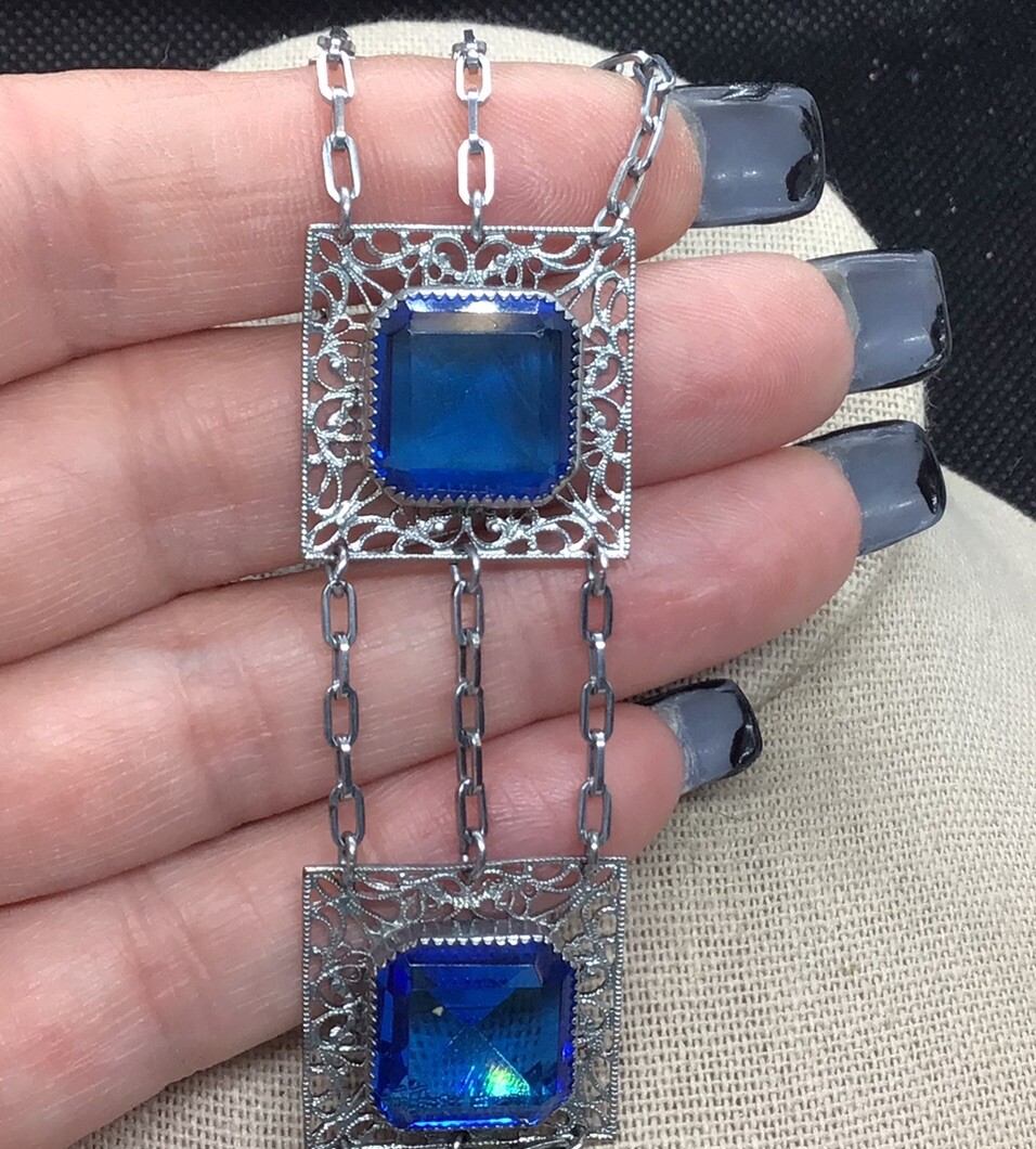 Antique Slver Tone Costume Wide Blue Glass Stone Bracelet 8″ C566