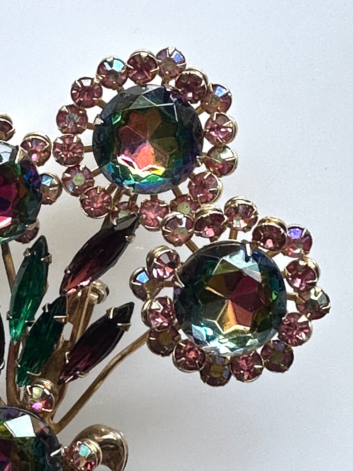 Vintage Large Watermelon AB Rhinestone Flower Bouquet Brooch Stunning Unsigned