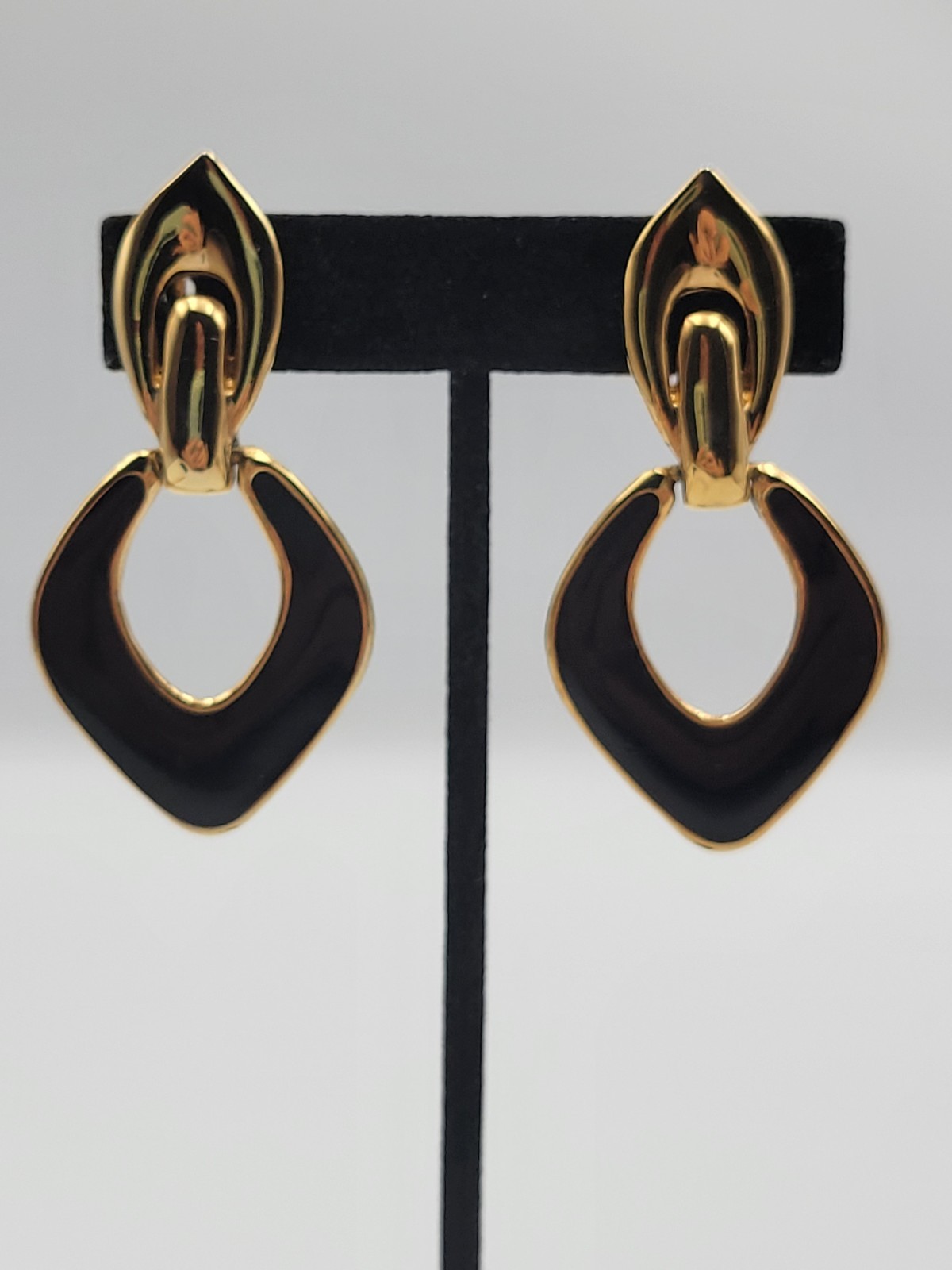 Lot of 2 Gold Tone Dangle Drop Clip on Earring Black Enamel Door Knocker Classic