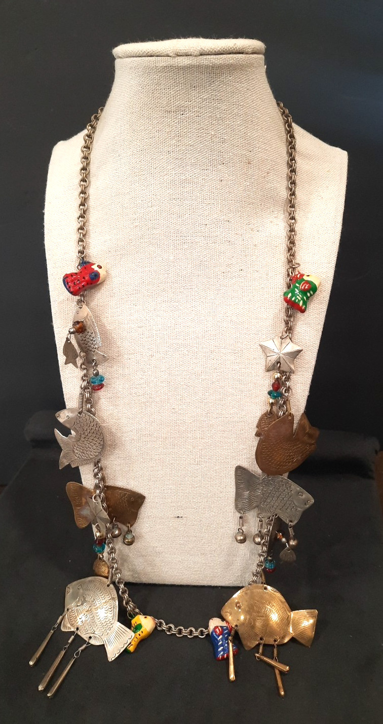 Vintage Eclectic Charm Necklace Fish Star Beads Mixed Metal 28” Long