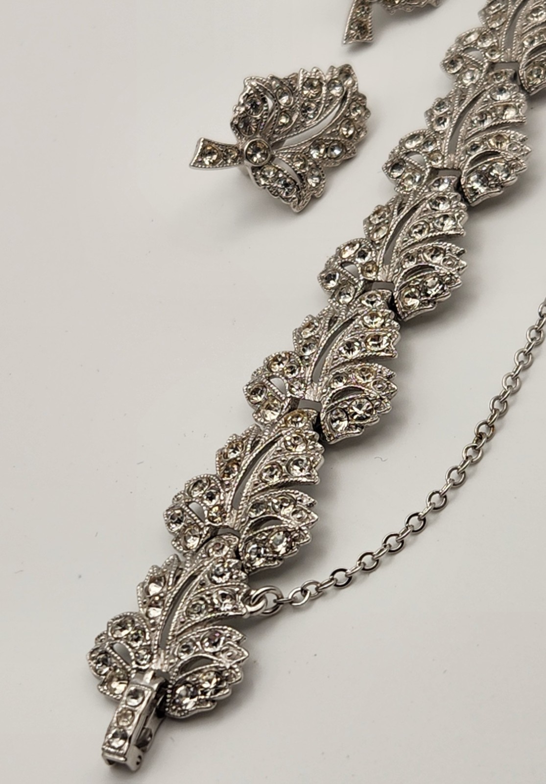 Vintage ORA Rhinestone Bracelet Clip Earrings Set Signed Silver Tone Bridal Glam