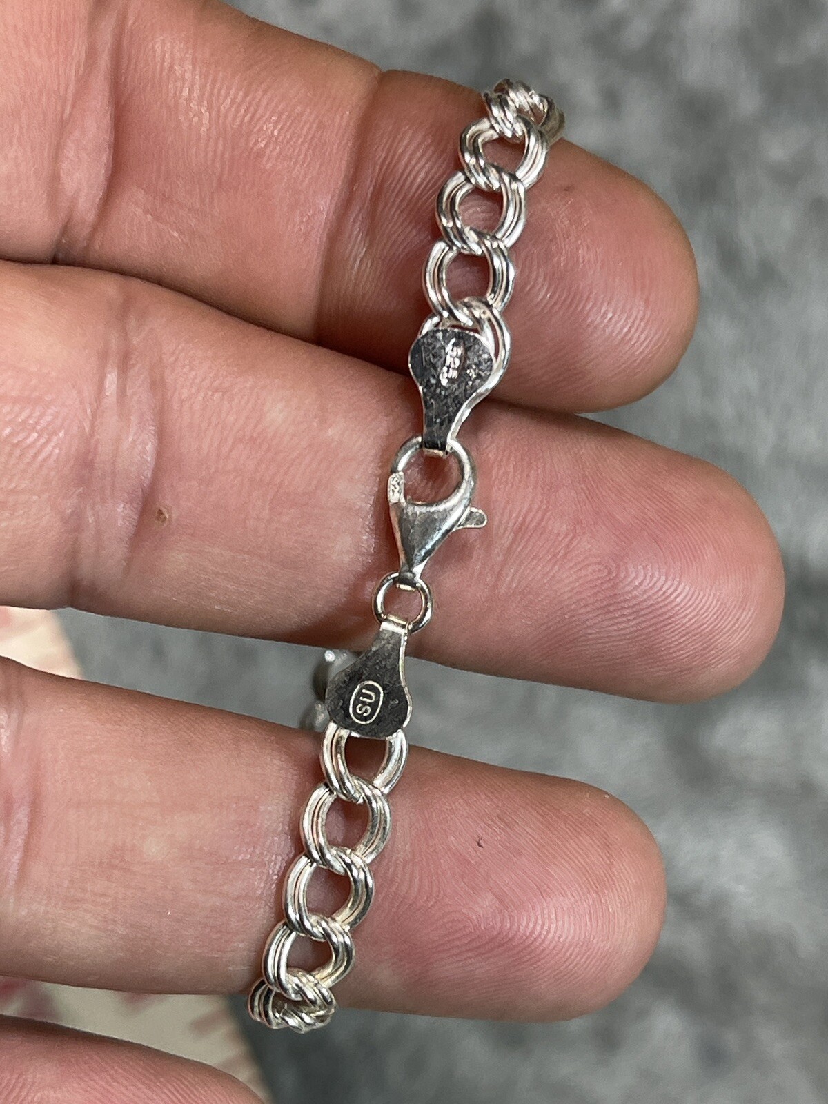Vintage 925 Sterling Silver Double Link Charm Bracelet 7.25″ SU Stamped !!