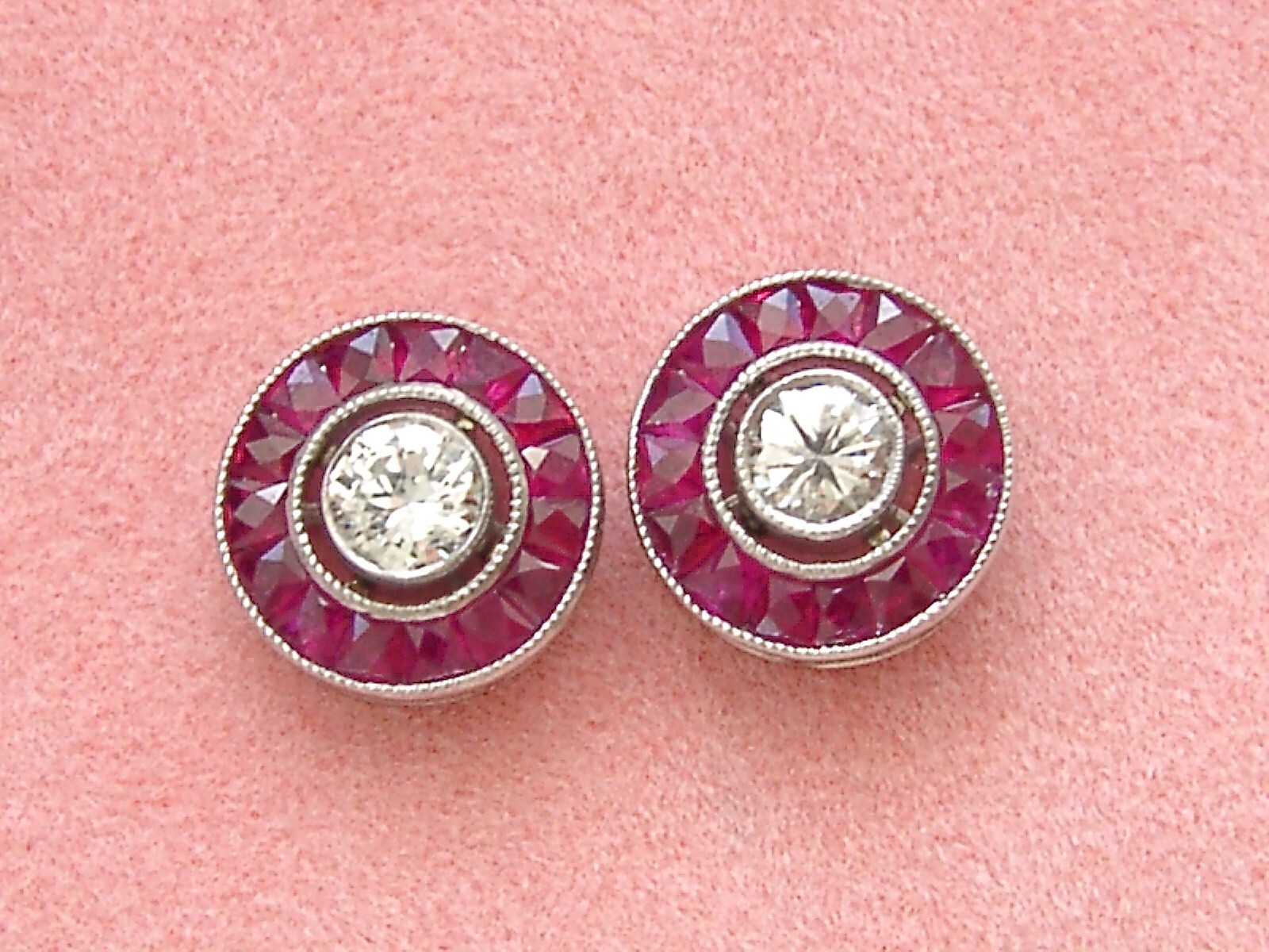 ART DECO STYLE .46ctw DIAMOND w/ RUBY HALO PLATINUM 9.5mm EVERYDAY STUD EARRINGS
