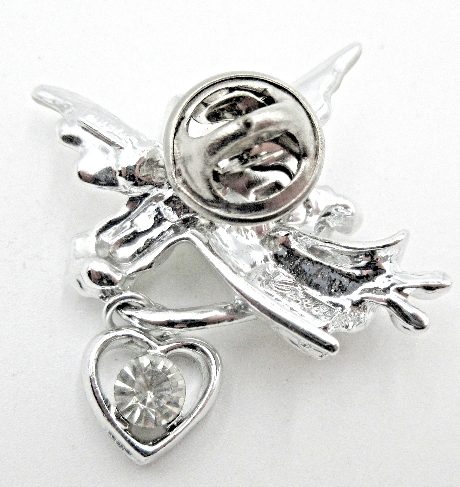 VTG GIUSTI ANGEL wing bell heart charm clear rhinestone silver tone LAPEL PIN