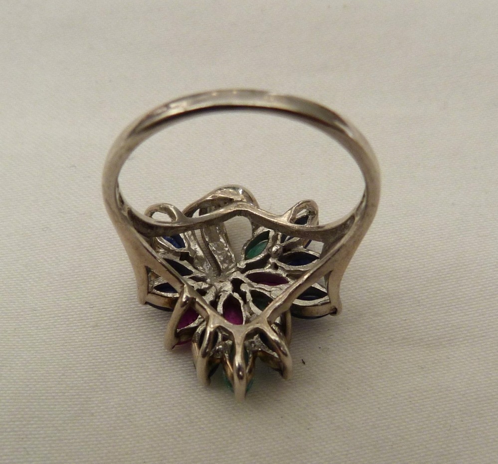 DESIGNER SIGNED EMERALD SAPPHIRE RUBY GEMSTONES STERLING SILVER RING SIZE 9