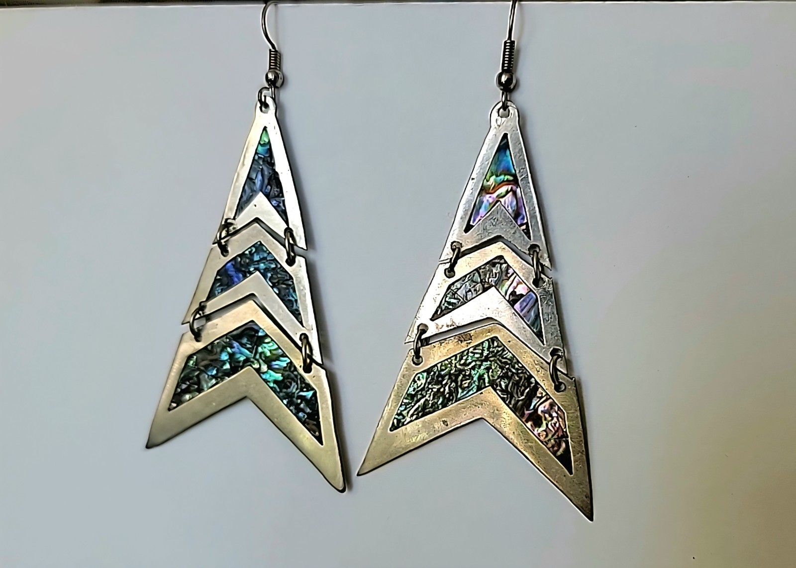 Vintage 80’s New Mexico 3 tiered triangular Silver Earrings Paua Abalone Shell 