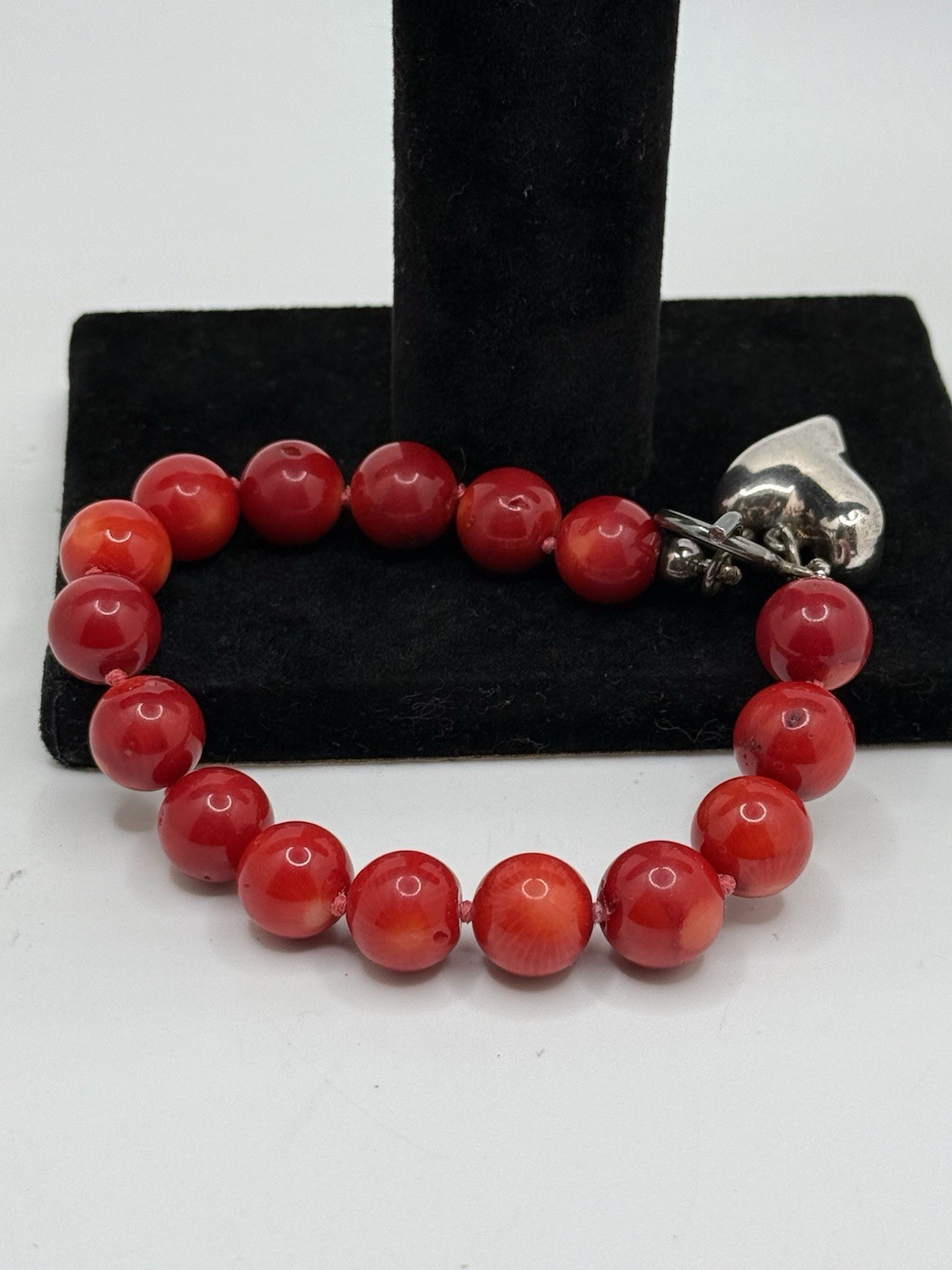 Vintage Sterling Silver Heart Bracelet Red Onyx Stones Toggle Closure 8”
