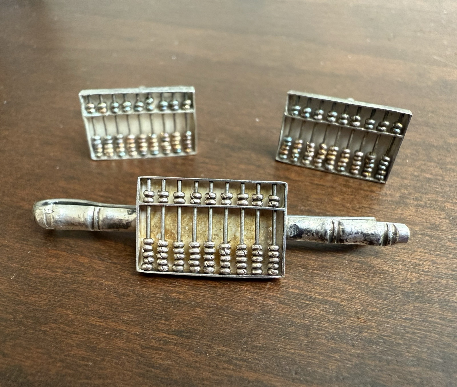 Vintage Sterling Abacus Tie Clip Cuff Links 3pc Set.Functional Abacus Hong Kong