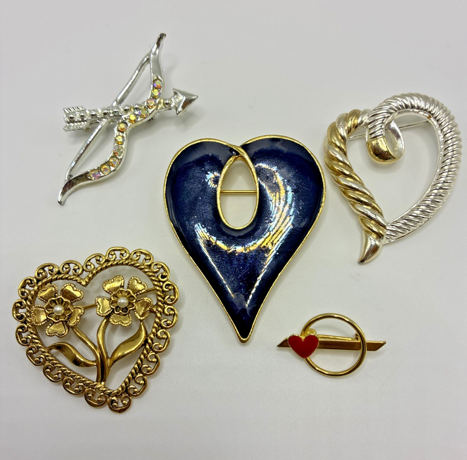 Brooch Lot Hearts Vintage Rhinestone Enamel Love Flowers Cottage Grandma Core