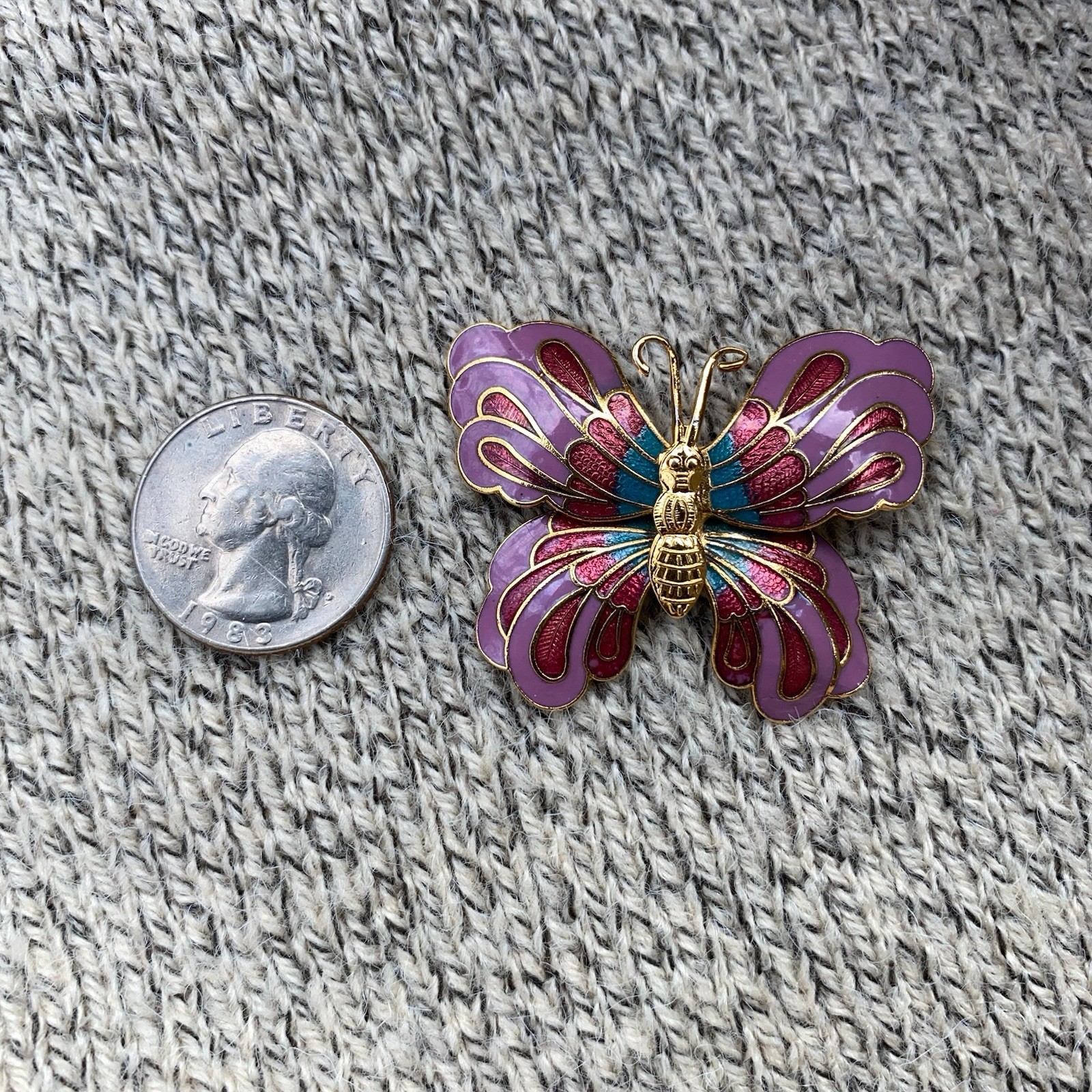 Vintage Butterfly Brooch Cloisone 3D Enamel Pink Lepidoptra 80s Gift Gold Tone