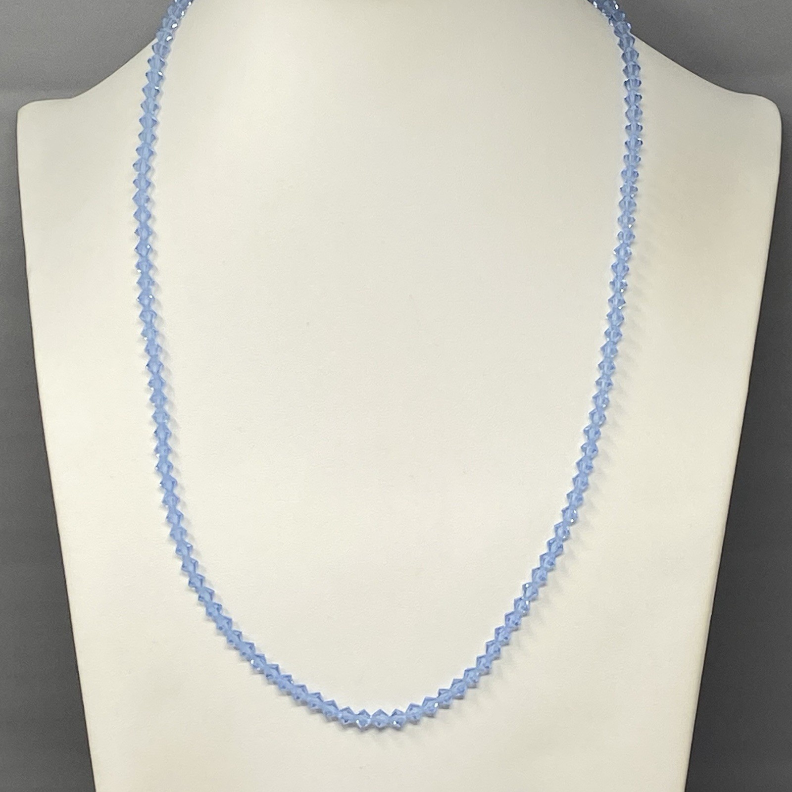 Light Blue Glass Beaded Necklace Bicone Faceted Shiny Fire Polished Vintage 24″