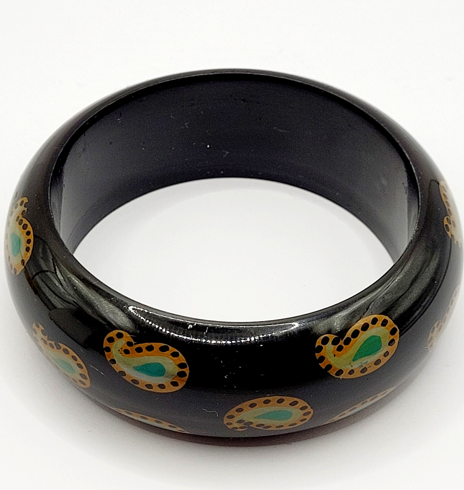 Paisley on Black Vintage Wide Chunky Vintage 1980s Acrylic Bangle Bracelet 8 In