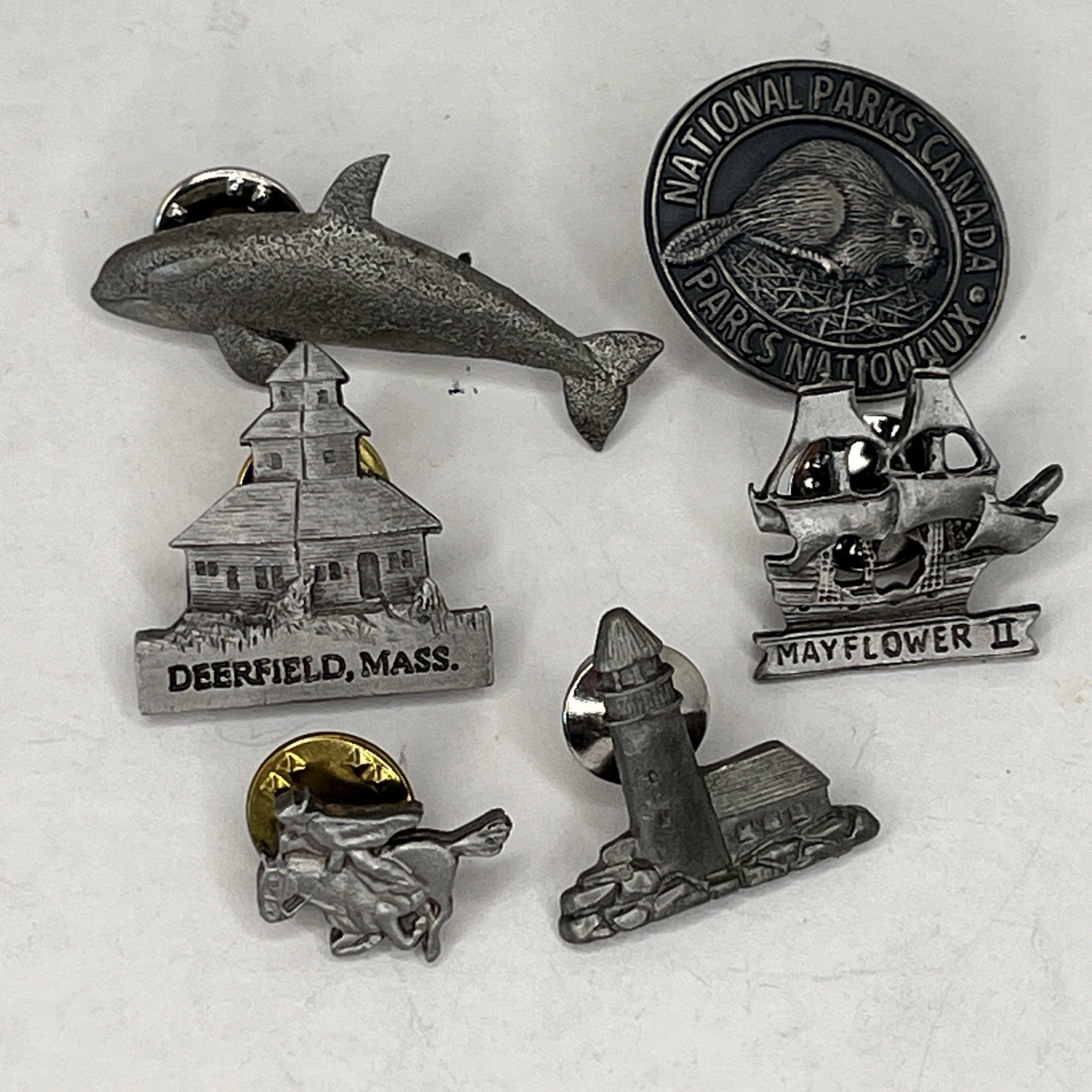 Vintage Mixed Lot 6 Pewter pins Shame Lighthouse Paul Revere Mayflower more SLX