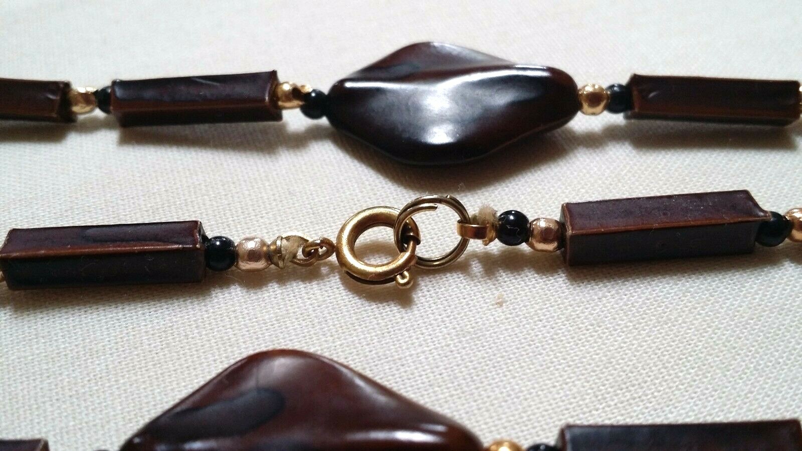 2 Vintage Bead Necklaces – Brown & Goldtone 50″ + Amber Ivory Black 54″ Used