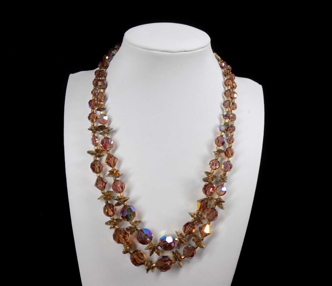 Vintage Crystal Necklace Golden Smoky AB Aurora Borealis Beads 2 Rows 16″ +1.5″