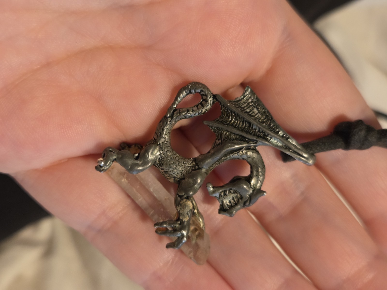 Vintage Pewter Dragon Holding Crystal Pendant Handmade
