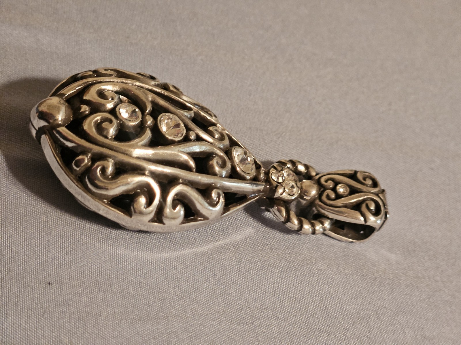 Antique Silver Pewter, Crystals – Filigree Teardrop Pendant Charm