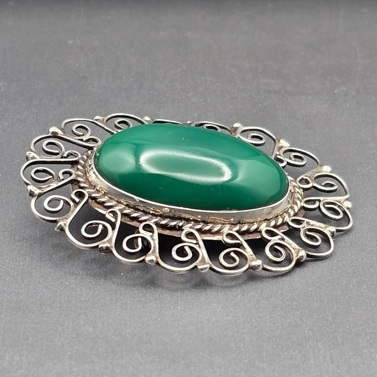Vintage Mexican Sterling Silver Brooch Green Onyx Pendant 925 Filigree Statement