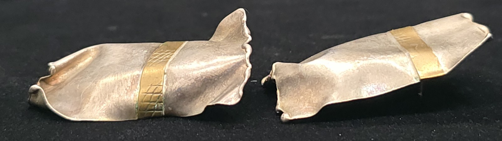 Big Vtg Signed Mixed Metal Sterling Silver Brass Brutalist Pierced Earrings