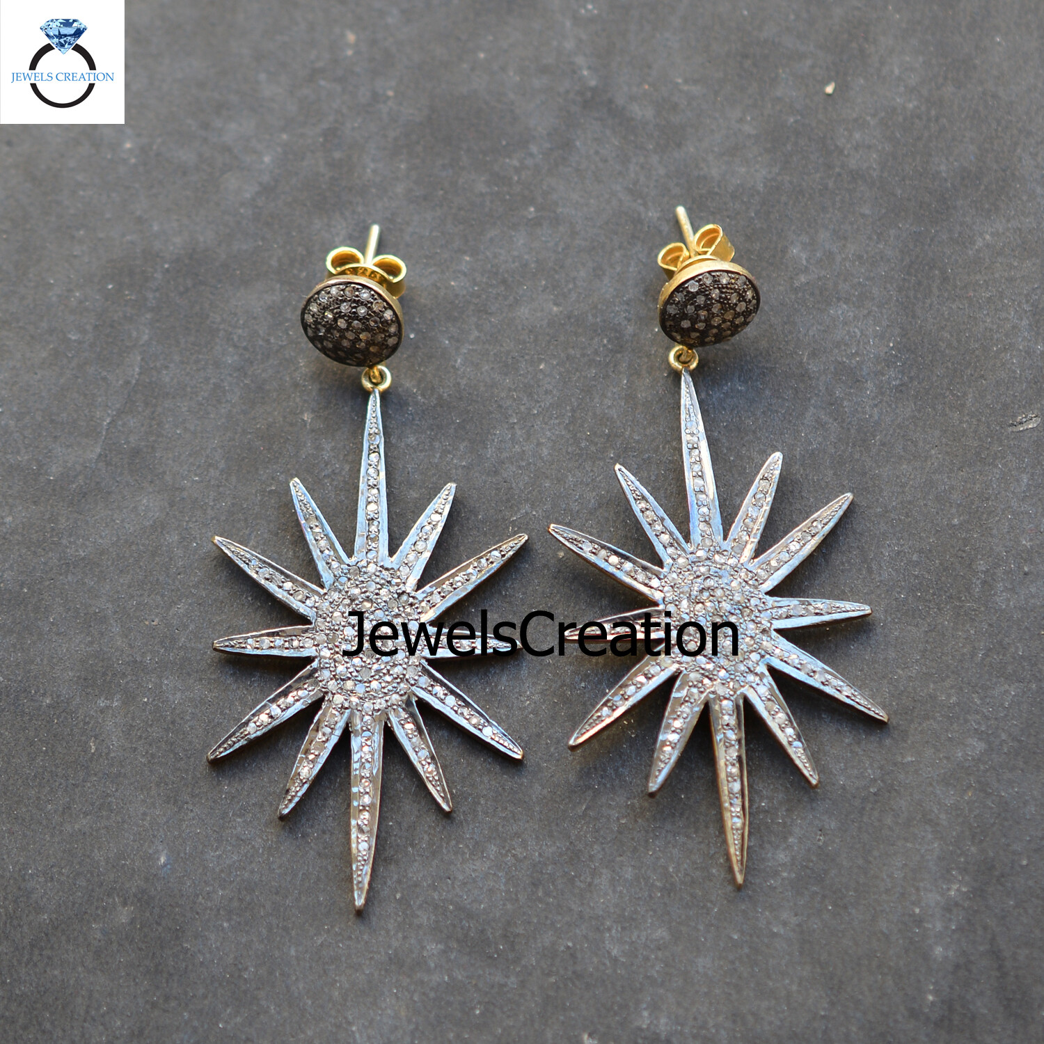 Genuine Pave Diamond 925 Silver Earrings Yellow Gold Vermeil Star Shape Jewelry