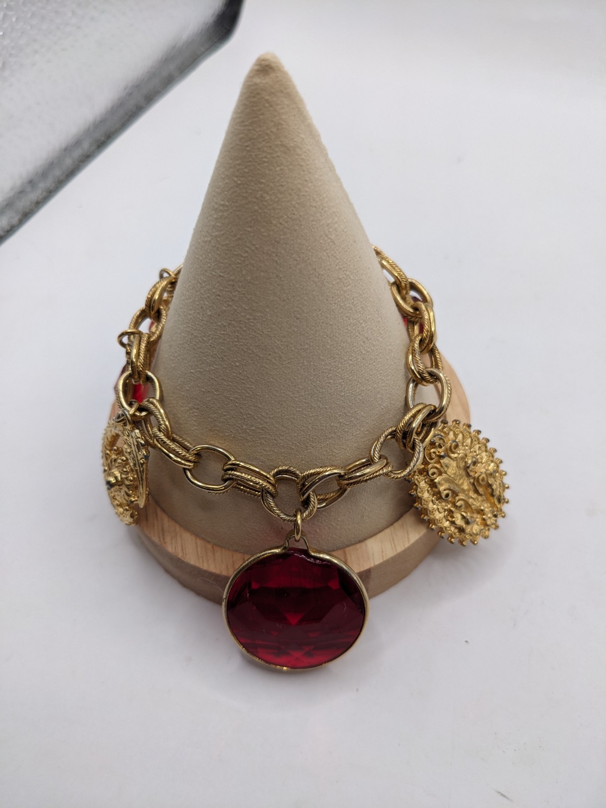 Vintage Jewlery Lot, Charm Bracelet, Brooches,Pin Gold Tone Red, Monet,Granland
