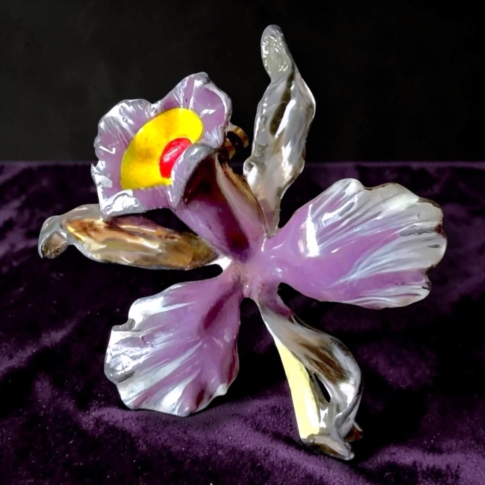 Enamel Flower Brooch Orchid Purple Silver Tone Small Vintage
