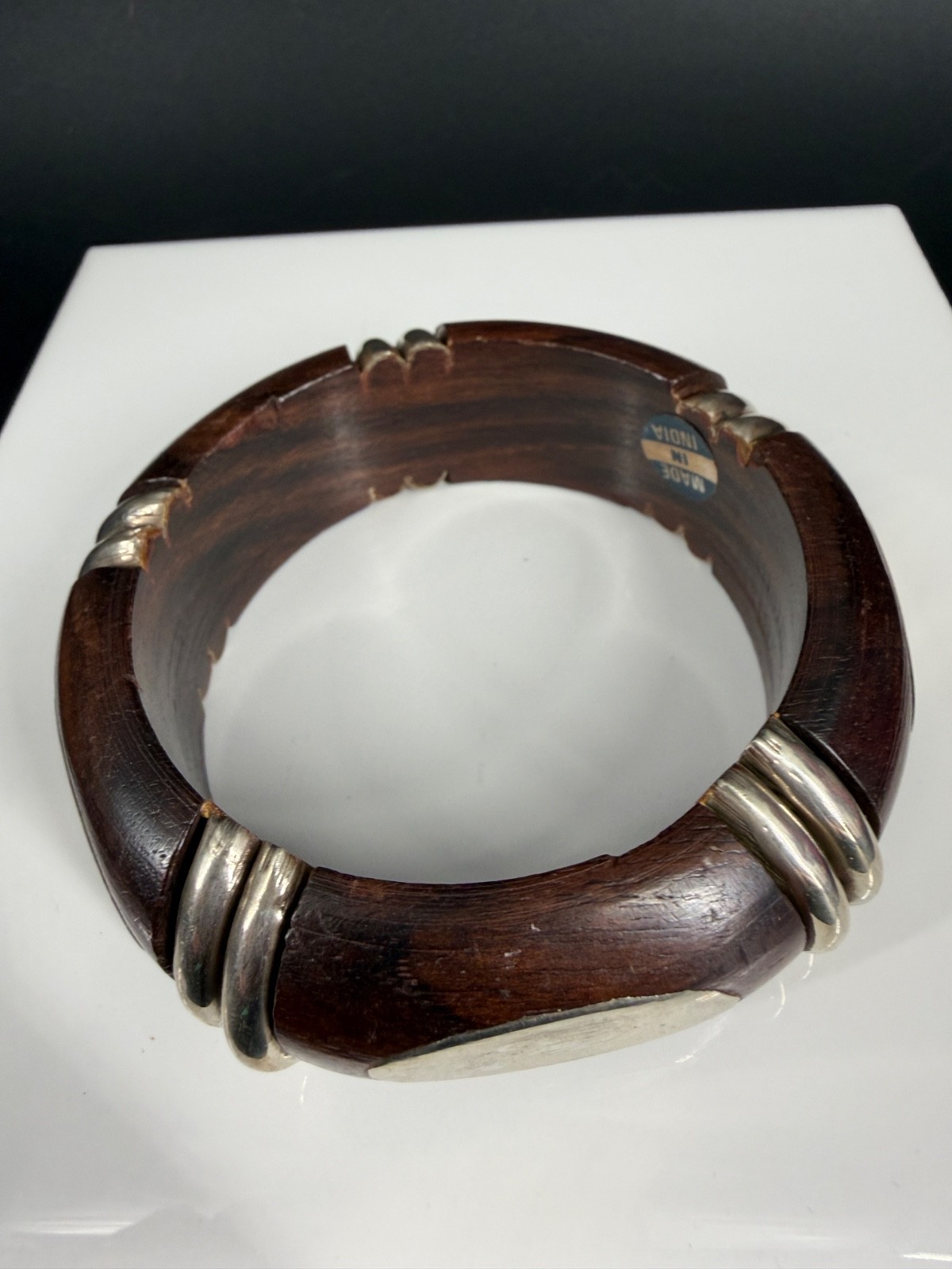 Vintage India Wood Silver Tone Bangle Bracelet Chunky Tribal Boho Statement 8″