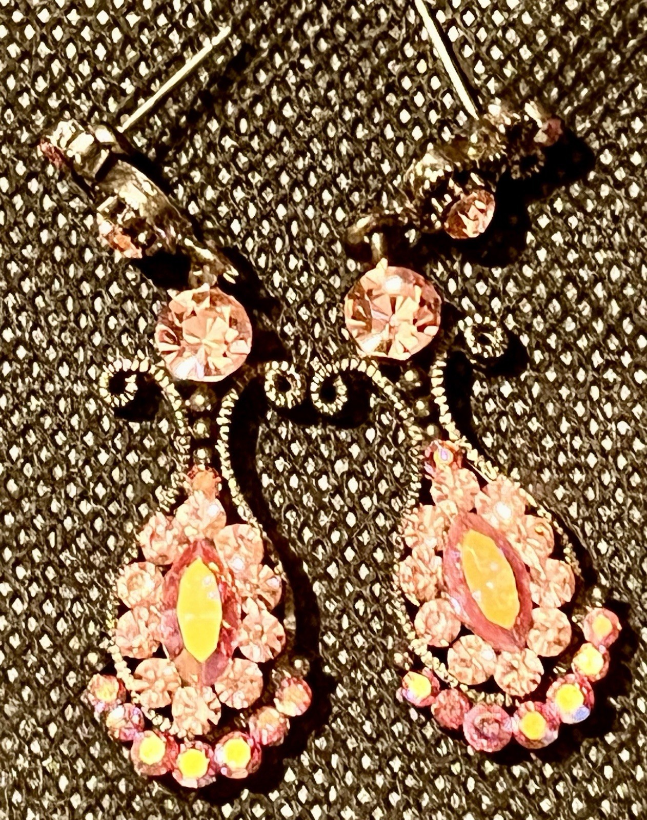 SNK Pink AB Quality Crystal Chandelier Earrings Gunmetal Base Art Deco Victorian