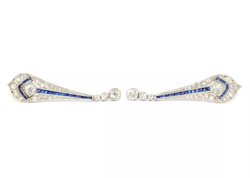 Art Deco Lab Created Sapphire Diamond Woman Wedding Antique Earring 925 Silver