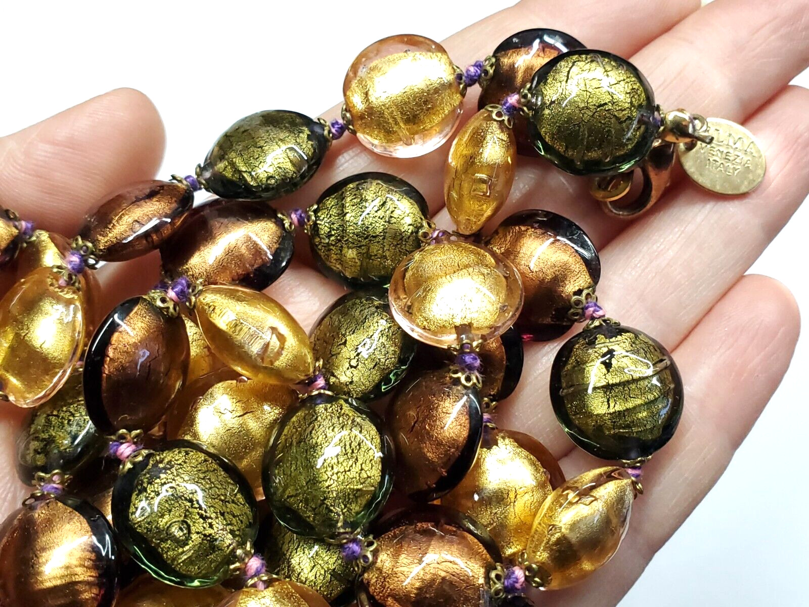 Vintage Signed Elma Venezia Italy Art Foil Glass Green Brown Gold Long Necklace