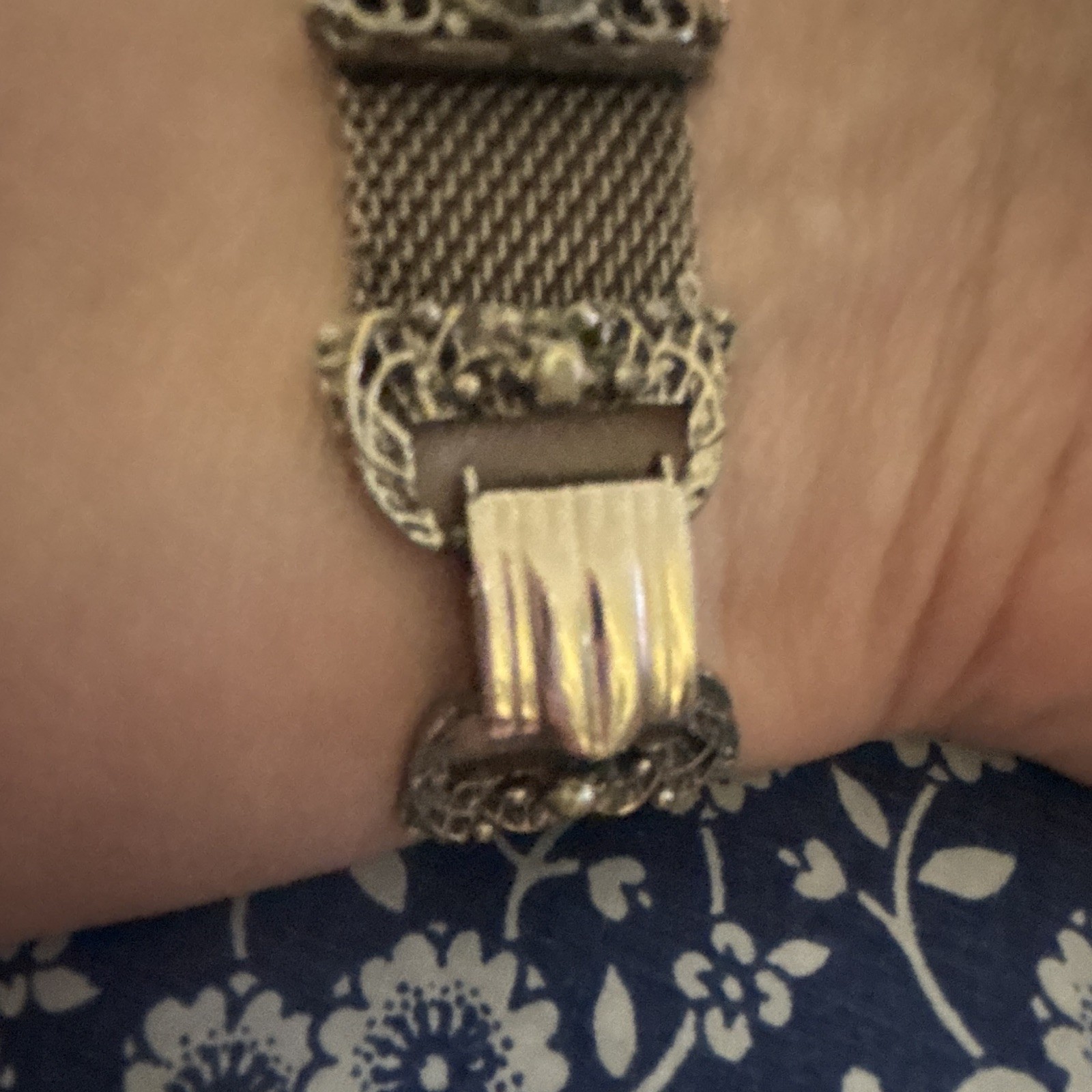 Vintage Victorian Revival Porcelain Meshed Silver Tone Bracelet 7 1/2 Inch Long
