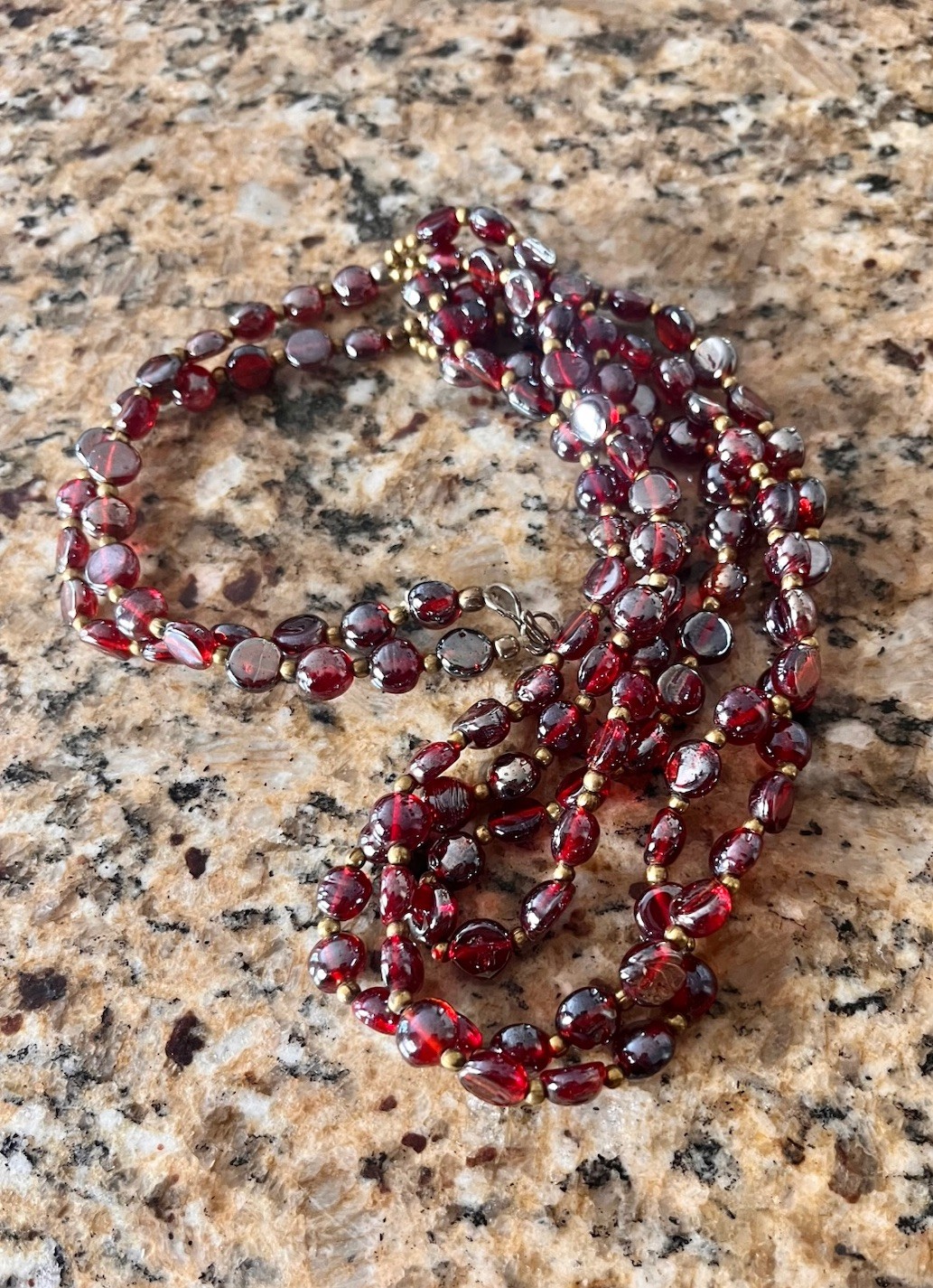 Vintage Red Garnet Iridescent Glass Gold Beaded Triple Layered 30” Bib Necklace