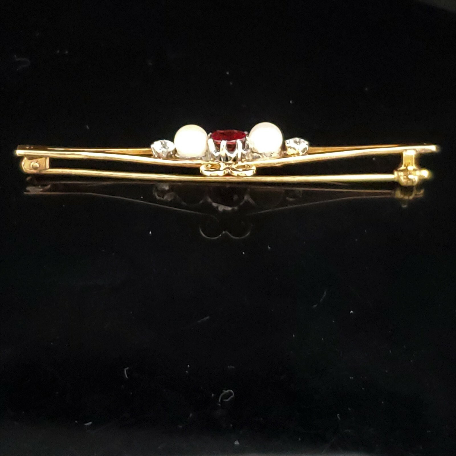 Antique Garnet Old European Cut Diamonds Pearls 14k Yellow Gold Brooch Pin 4.9g