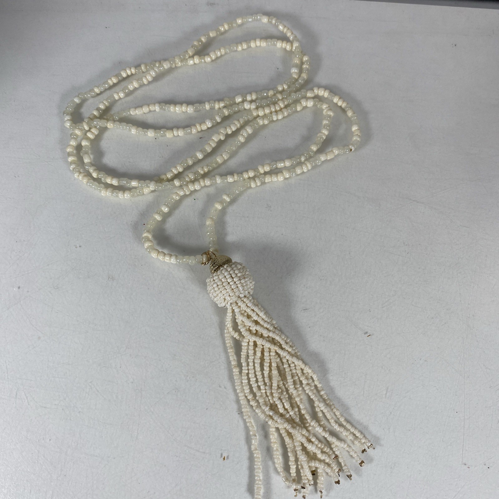 Vintage Beaded Long Necklace Tassel Off White Cream