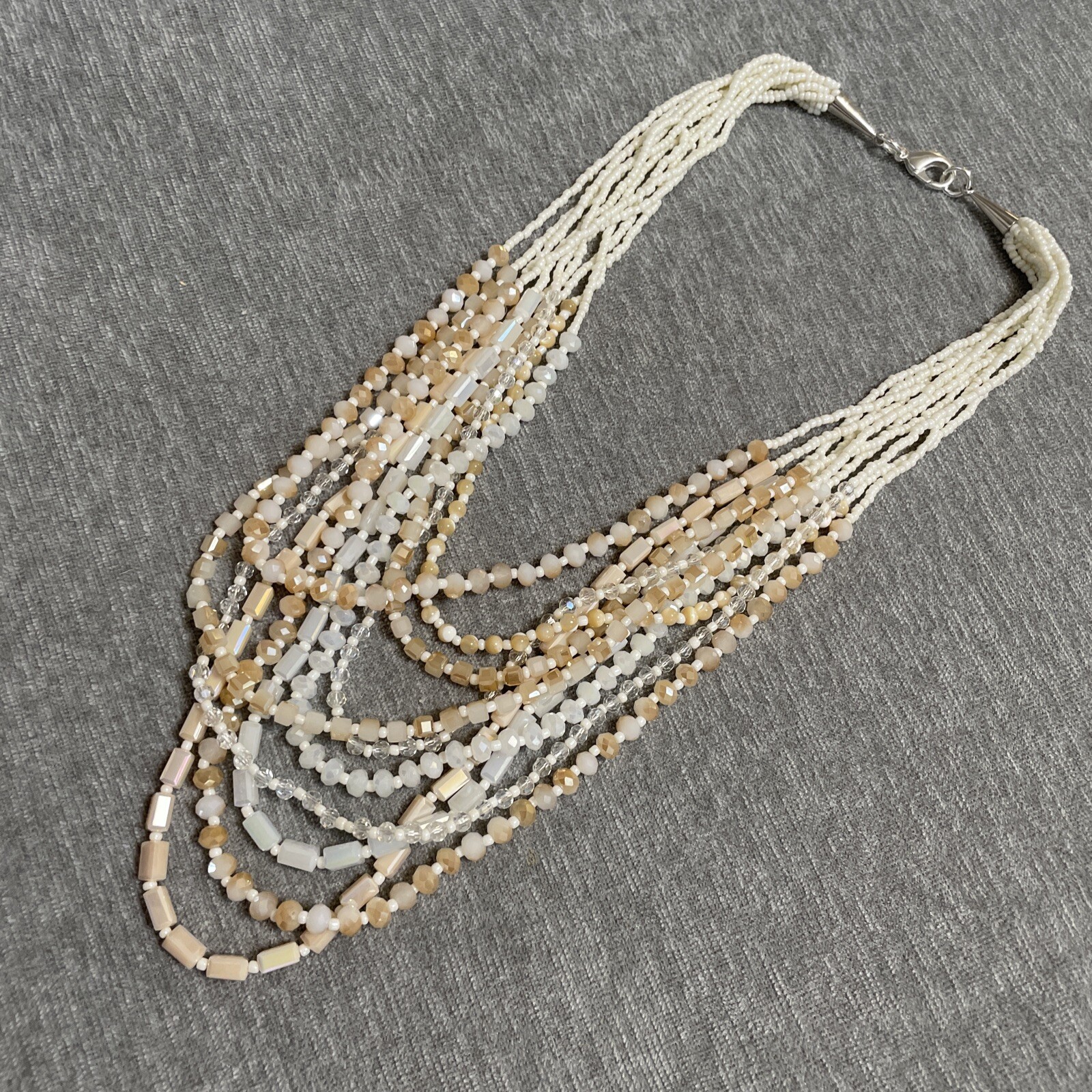 Crystal Layered Necklace Peach White Champagne Ombre Aurora Borealis Boho 24″