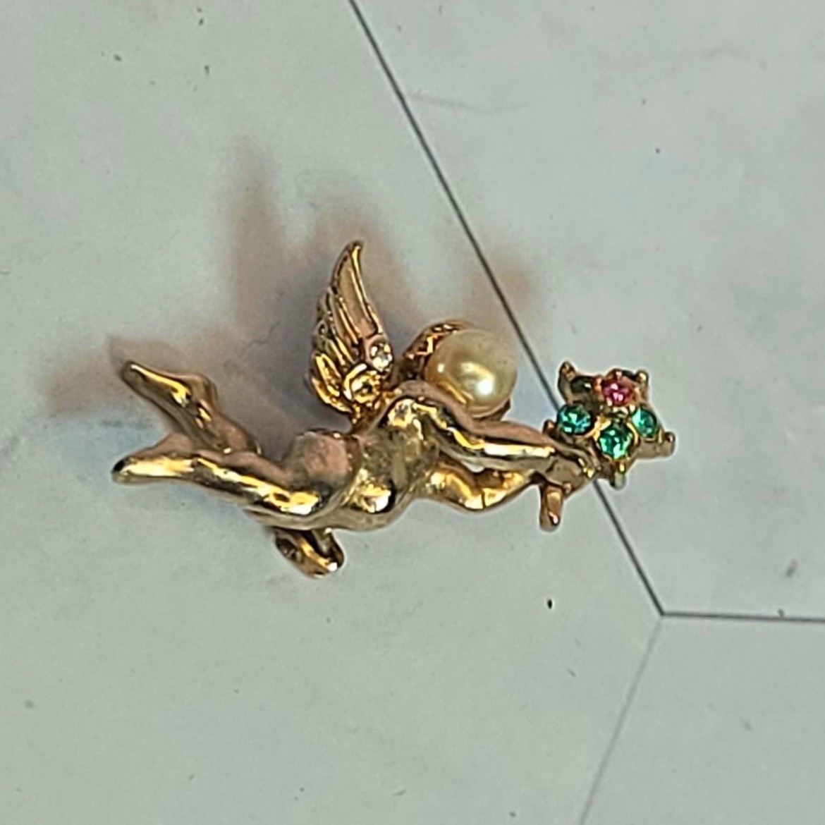 Vintage Coro Angel Brooch Gold Tone glass Rhinestone Flower cherub Mini pin