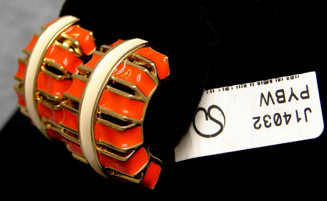 Vintage ST. JOHN Egyptian Motif CLIP-On EARRINGS Orange & Cream ENAMEL Gold-Tone