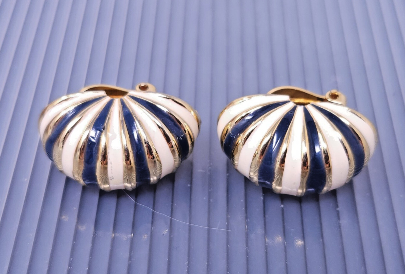 Vintage Gay Boyer Gold Tone Blue Enamel Hoop Clip on Earrings