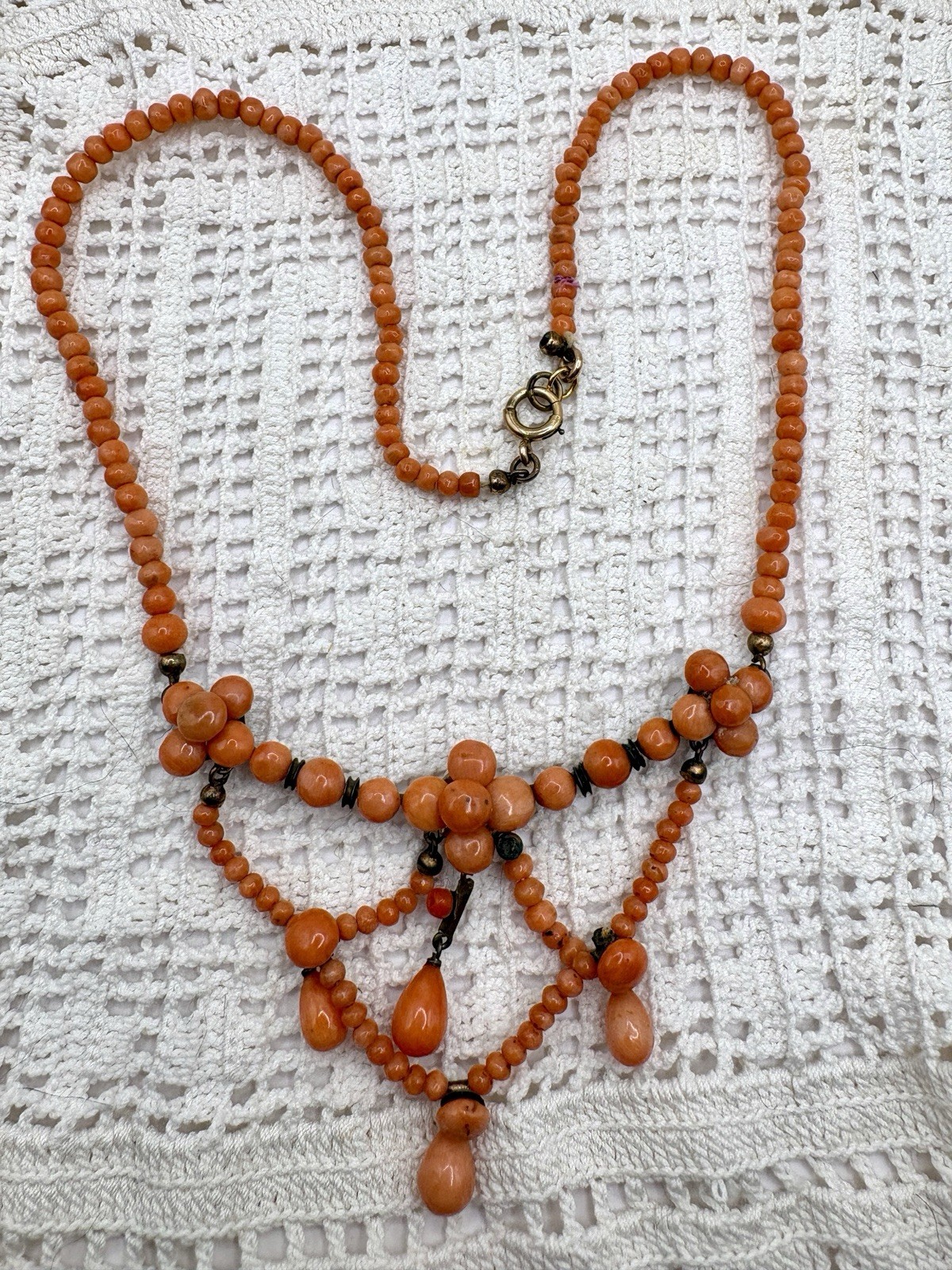 Antique Sterling Natural Mediterranean Salmon Coral Festoon Dangle Necklace 16”