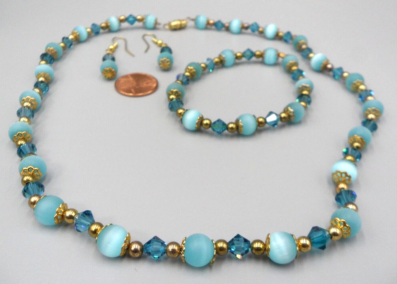 Vintage Jewelry Set Blue Cats Eye Glass Bicone Bead Necklace Bracelet Earrings