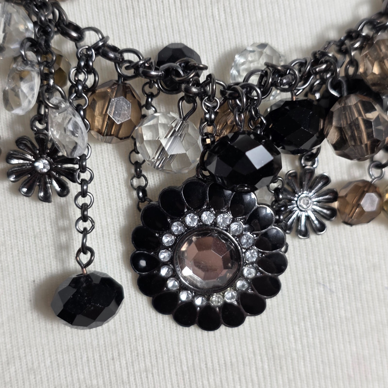 Metallic Black Charm Necklace Floral Pendants with Gray White & Black Beads