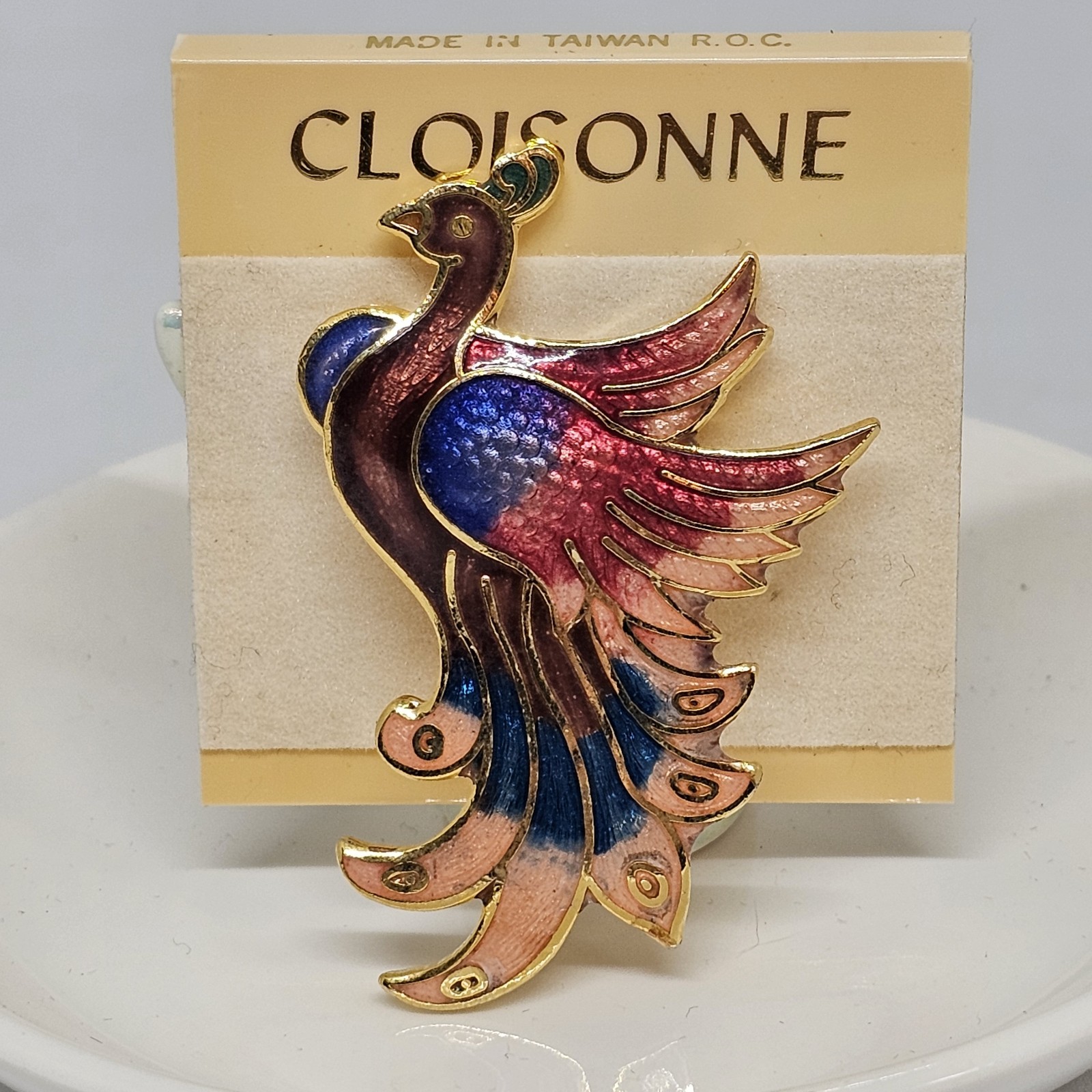 Vintage Cloisonne Enamel Bird Brooch Pin Blue Red Gold Bird