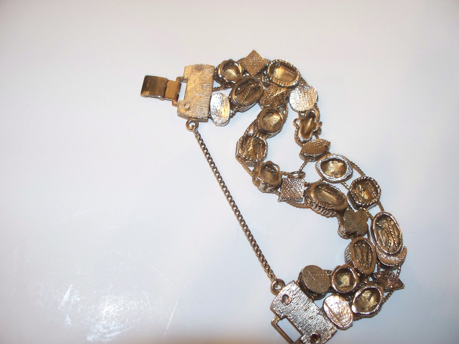 Vintage Faux Jewel Slide Double Row Charm Bracelet Cameo Amethyst Rhinestones