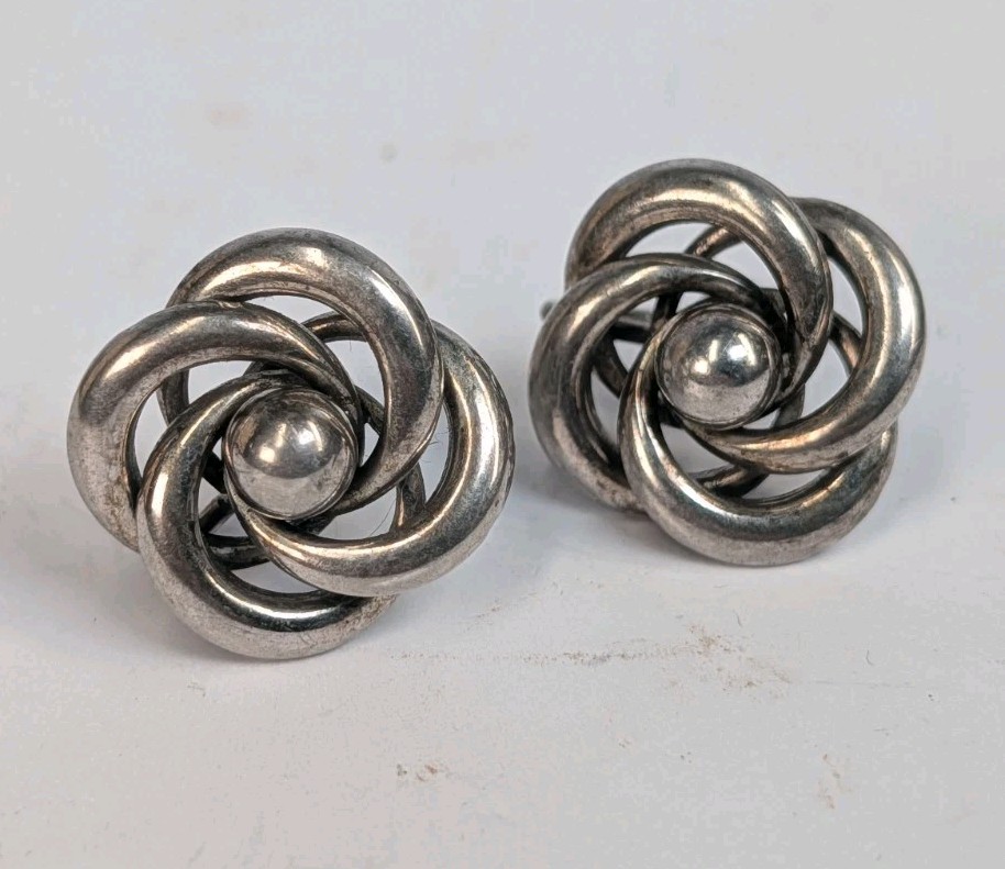 Vintage 50s Sterling Silver 925 Swirl Lovers Knot Screw Back Earrings