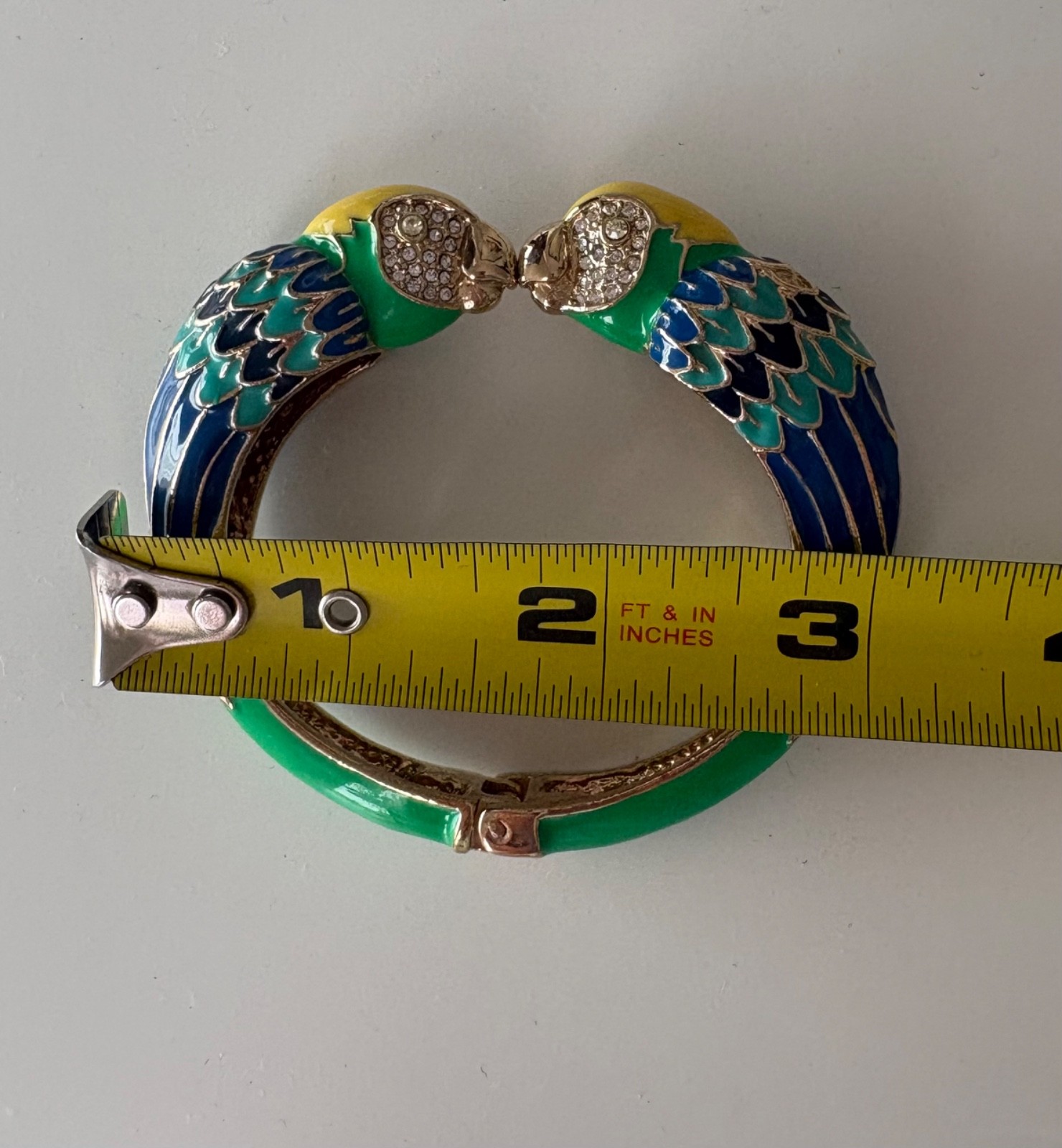 Gold Tone Kissing Parrot Birds Enamel Bracelet Cuff Blue Green Yellow
