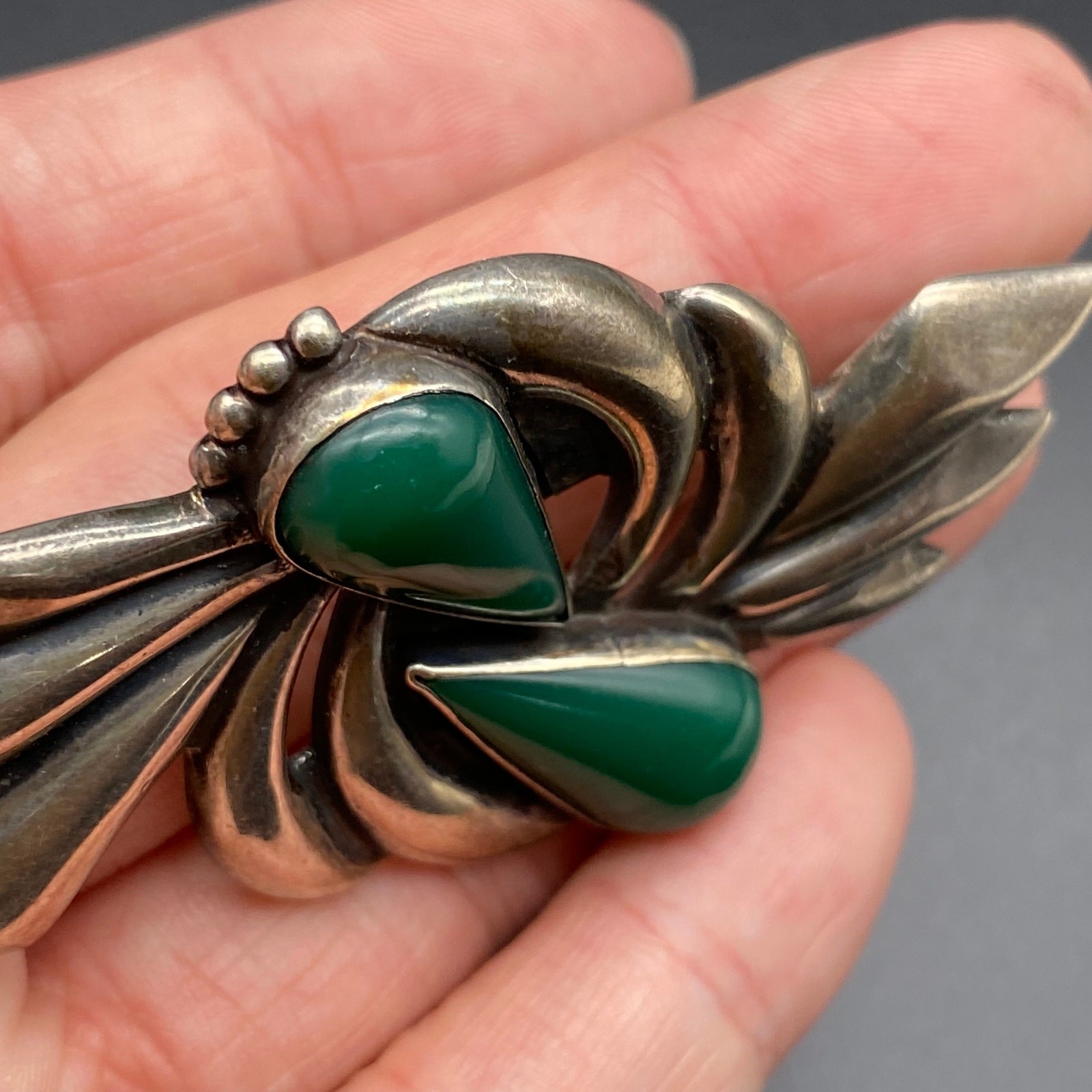 Vintage Mexico Green Onyx Sterling Silver Pin Brooch