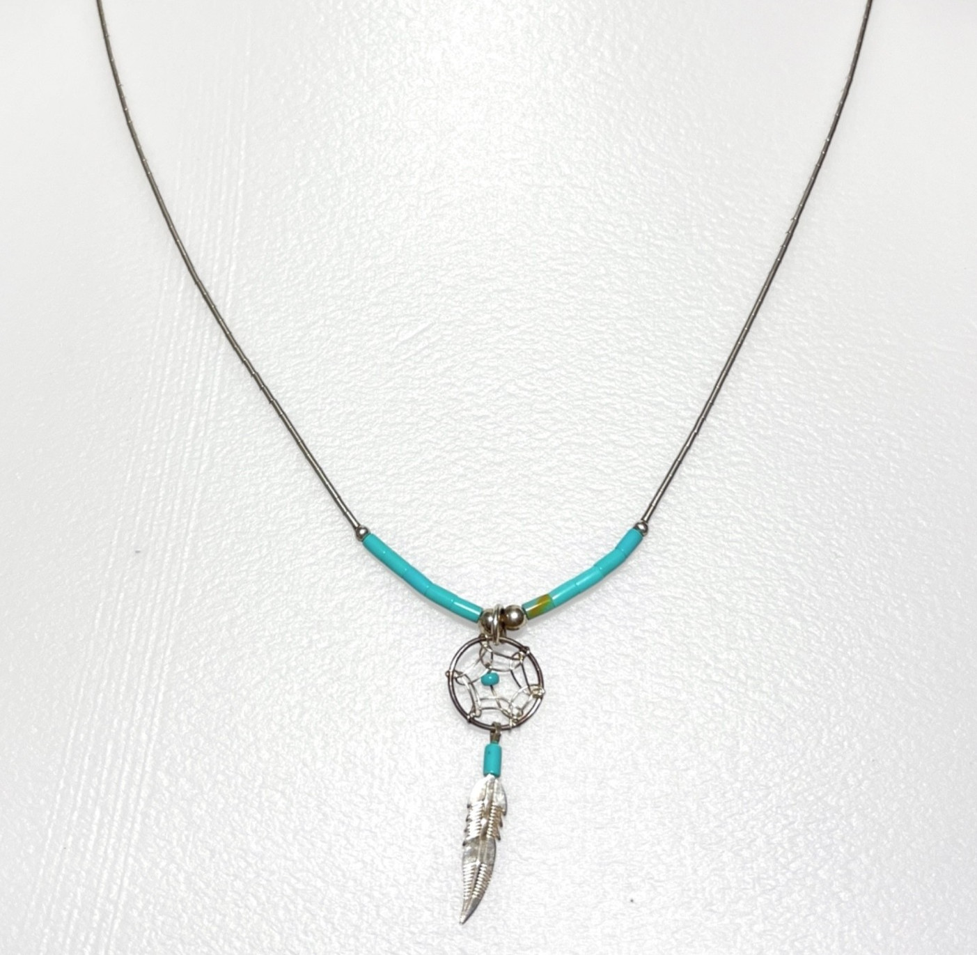 Vintage Liquid Silver Dreamcatcher Necklace Blue Bead Feather Charm Southwestern