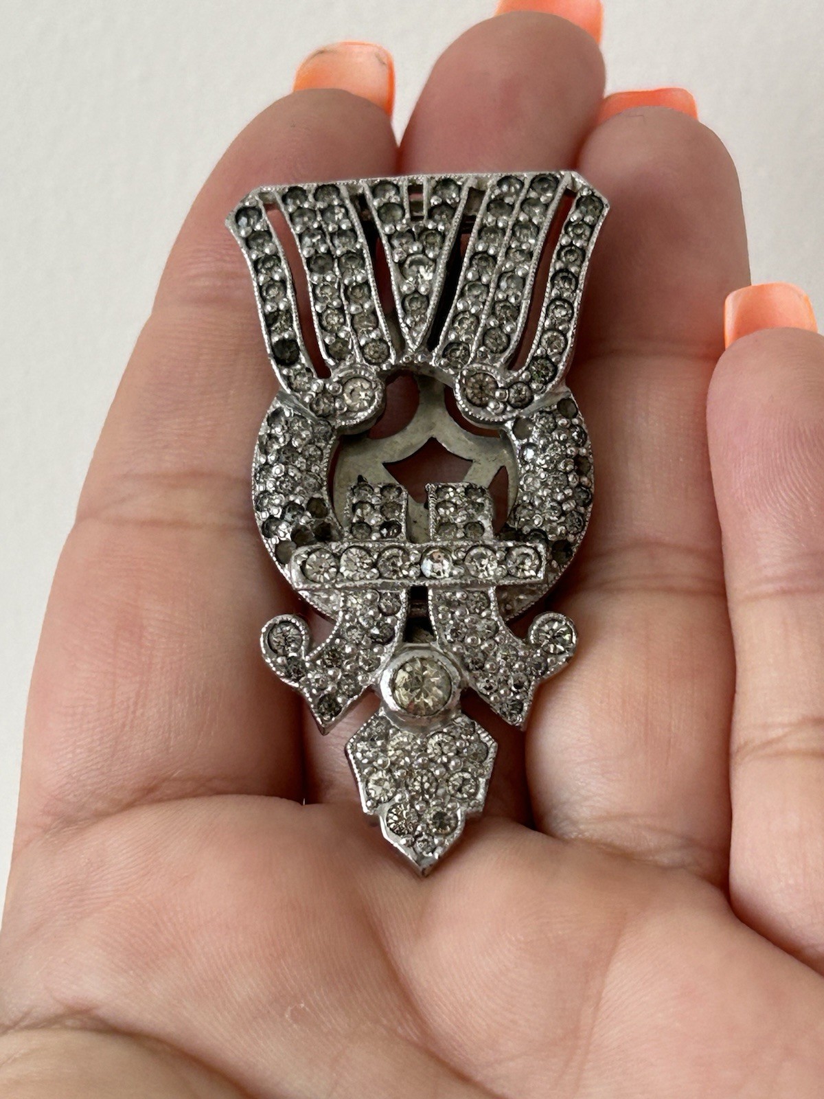Vintage Art Deco Rhinestone Dress Clip Fur Clip Brooch Silver Tone 2”